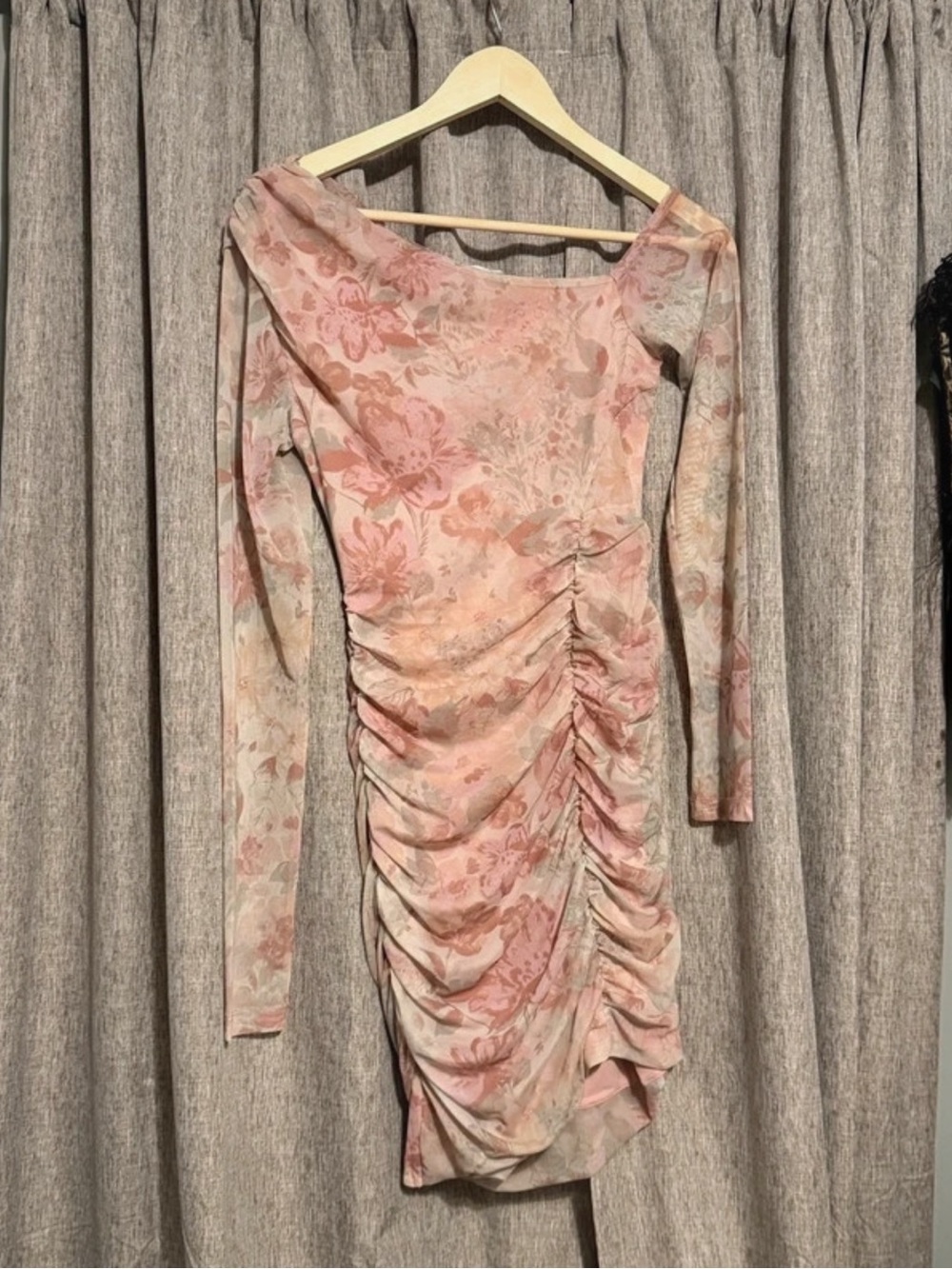 Free People Pink Floral Ruched Long Sleeve Bodycon Dress